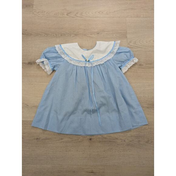 Girls Dress‎ Pastel Blue polka with White Lace Vintage - Picture 1 of 5